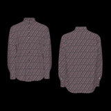 Front and back of patterned long sleeve shirt on a black background