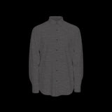 Front of a dark gray patterned long sleeve shirt on a black background