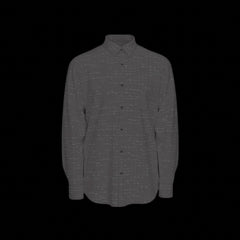 Front of a dark gray patterned long sleeve shirt on a black background