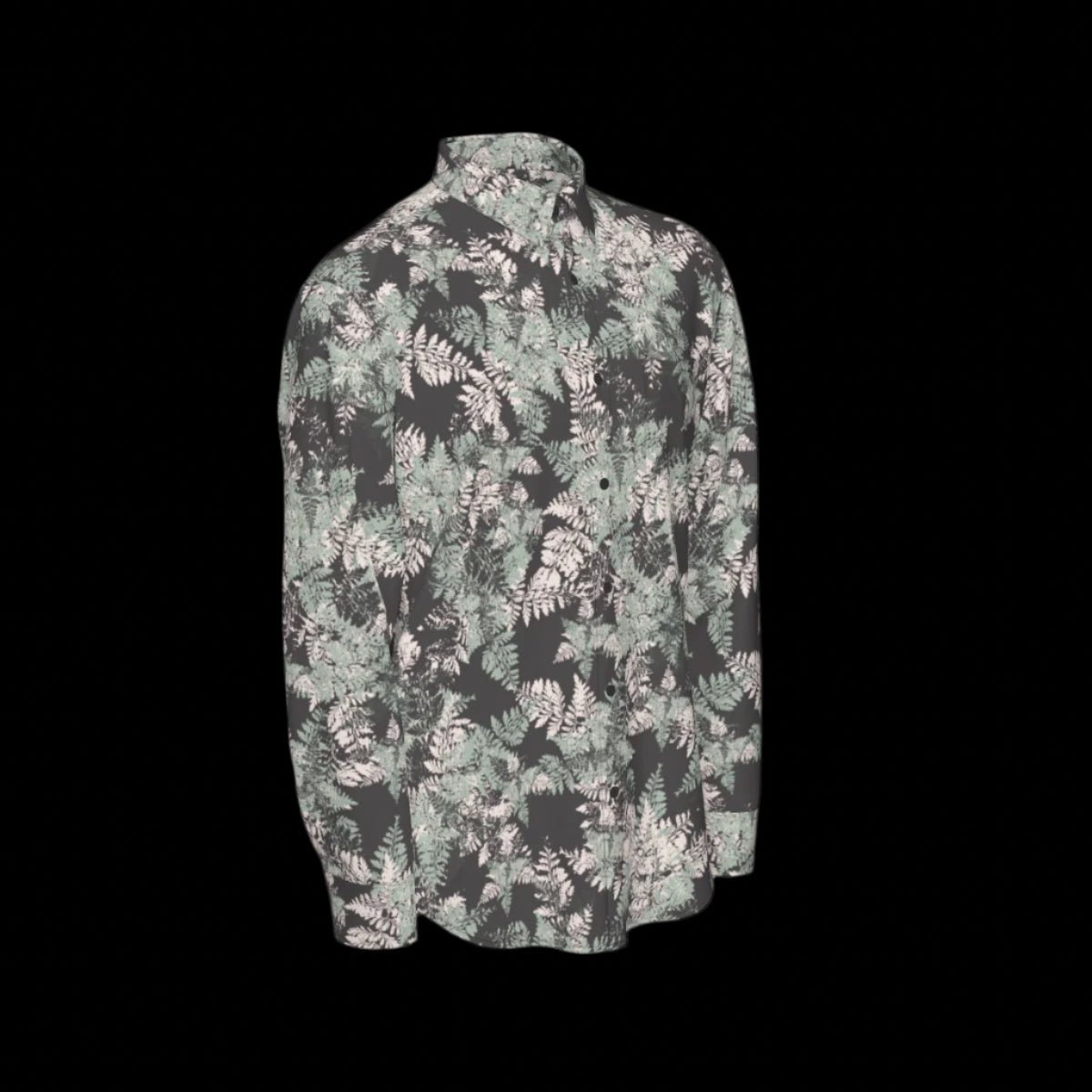 Right side of floral patterned shirt on a black background