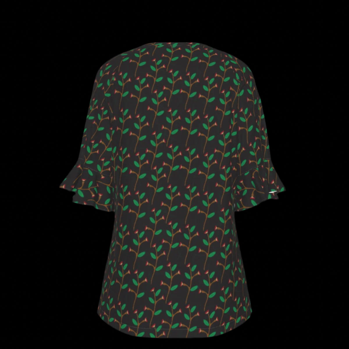 Back of blouse with green leaf pattern on a black background