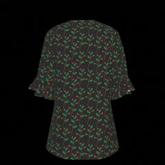 Back of blouse with green leaf pattern on a black background