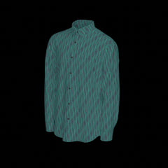 Left side of green patterned long-sleeved shirt on a black background