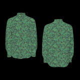 Front and back of green camouflage shirt on a black background