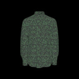 Front of green camouflage patterned long sleeve shirt on a black background