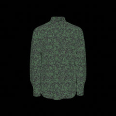 Front of green camouflage patterned long sleeve shirt on a black background