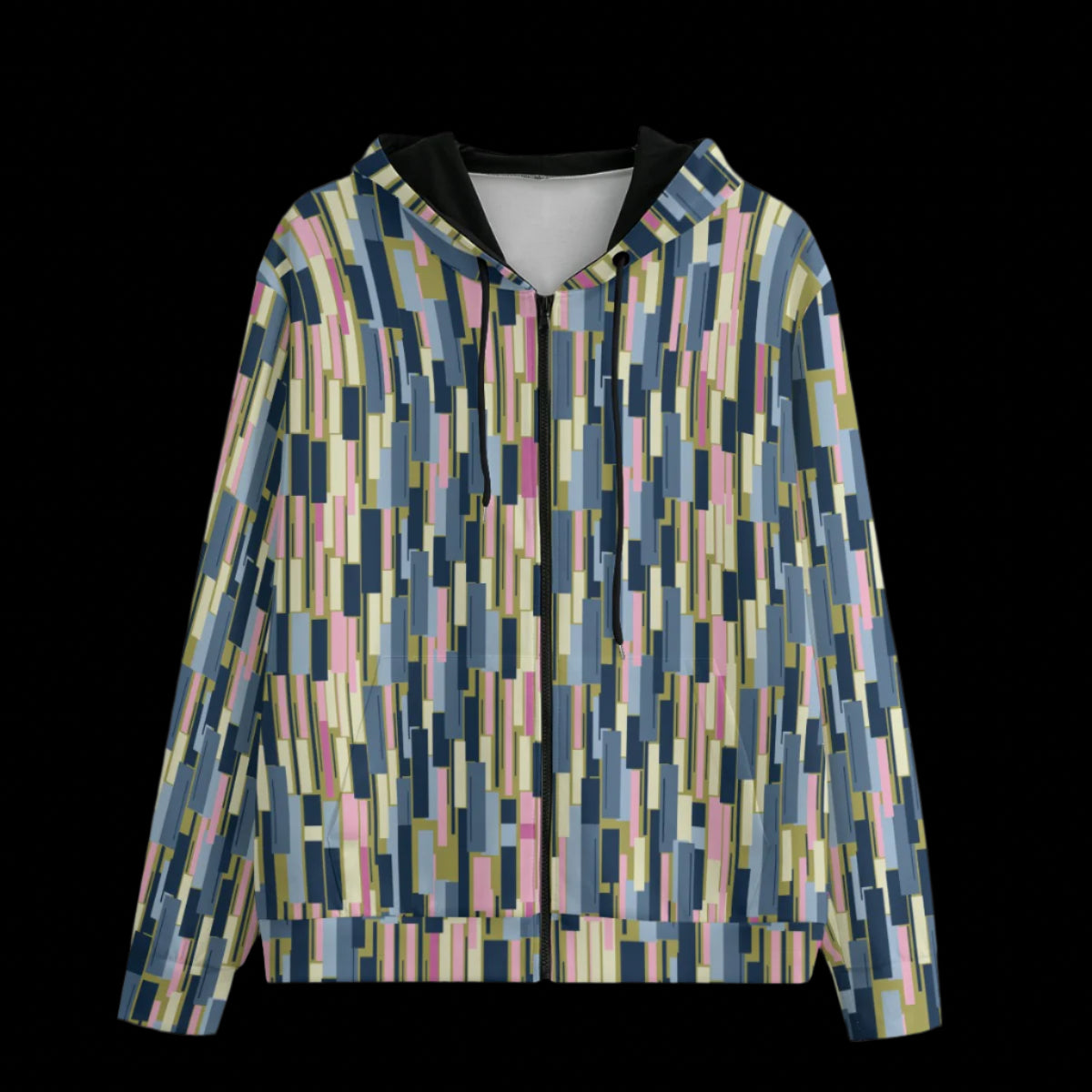 Front of Colorful geometric patterned hoodie on a black background
