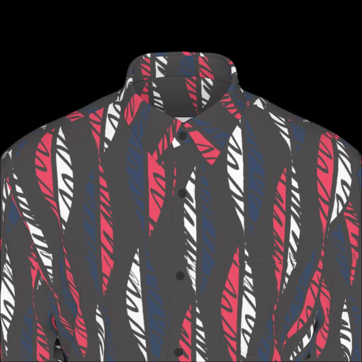 Top Front of black shirt with red and white pattern on a black background
