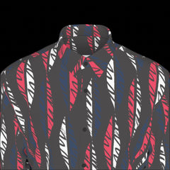 Top Front of black shirt with red and white pattern on a black background