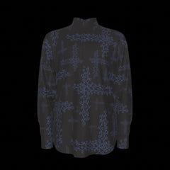 Front of black shirt with blue floral pattern on a black background