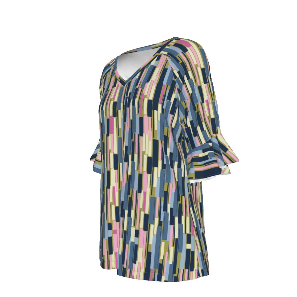 Women’s V-neck T-Shirt with Bell Sleeve / Colorful Camo Design