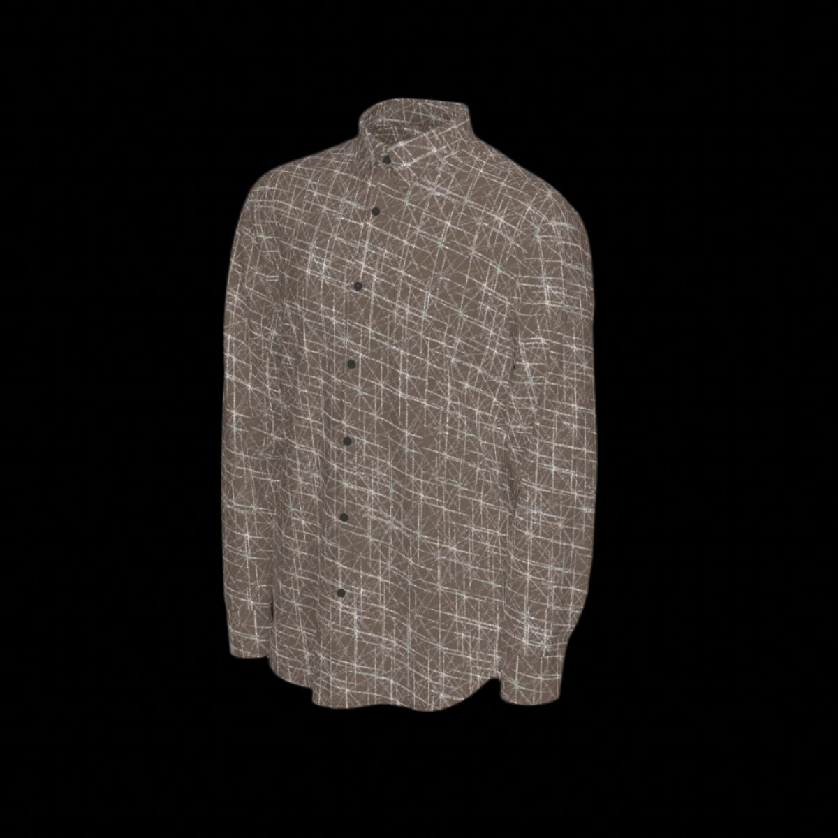 Left side of a brown long sleeve shirt on a black background
