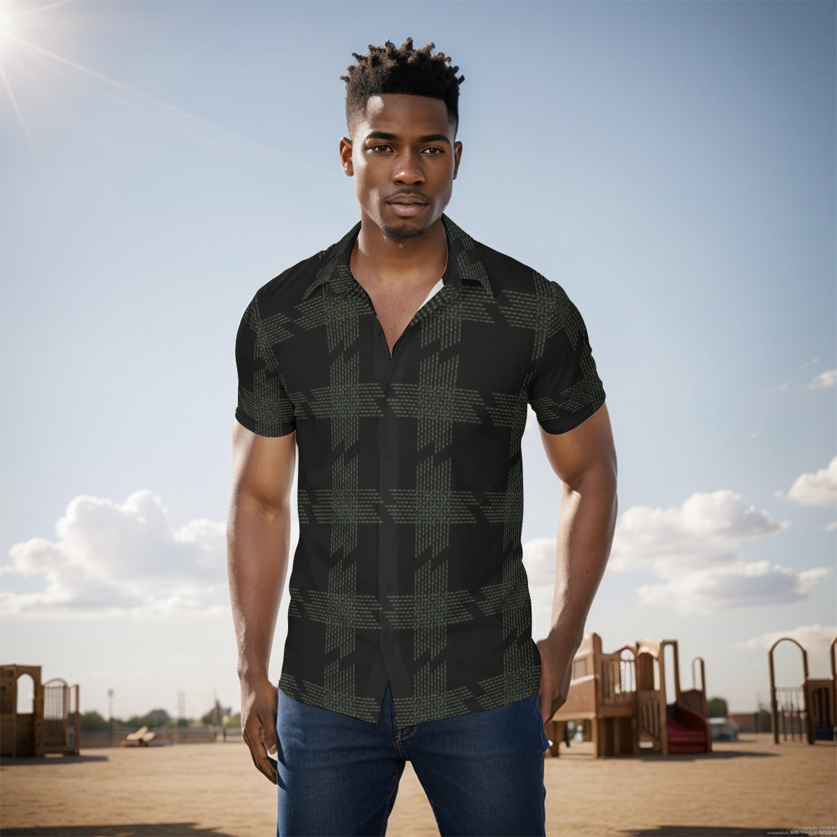 Men's Button Down Short Sleeve Shirt / Color Weave Design
