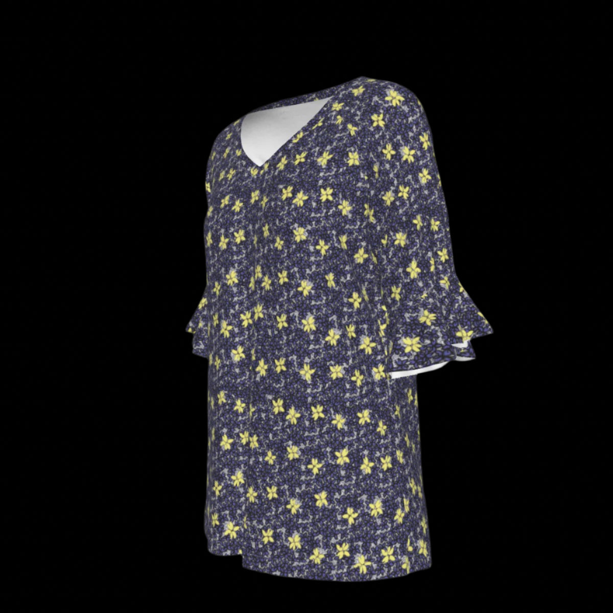 Left side of navy blue blouse with yellow floral pattern on a black background