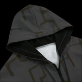Front of dark patterned hoodie with a black background