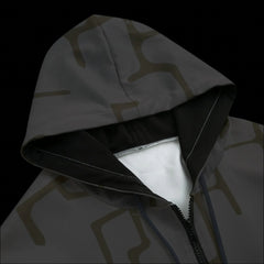 Front of dark patterned hoodie with a black background