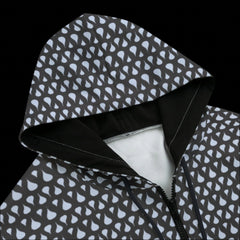 Front top of Black zipper hoodie with a gray and blue design on a black background