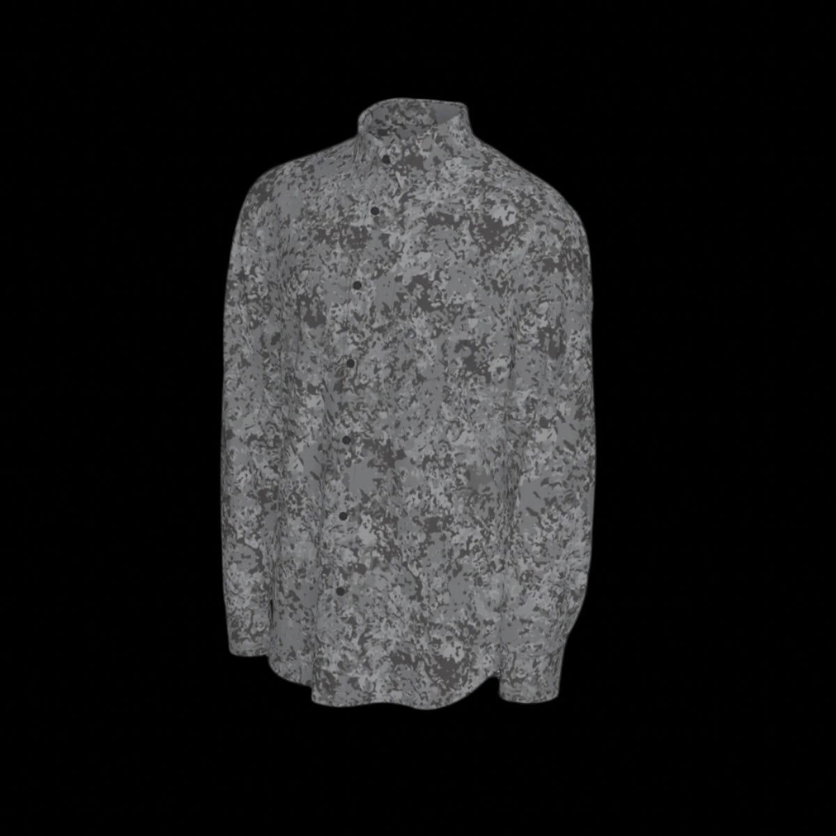 Left side of a gray patterned long sleeve shirt on a black background