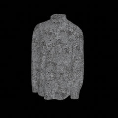 Left side of a gray patterned long sleeve shirt on a black background
