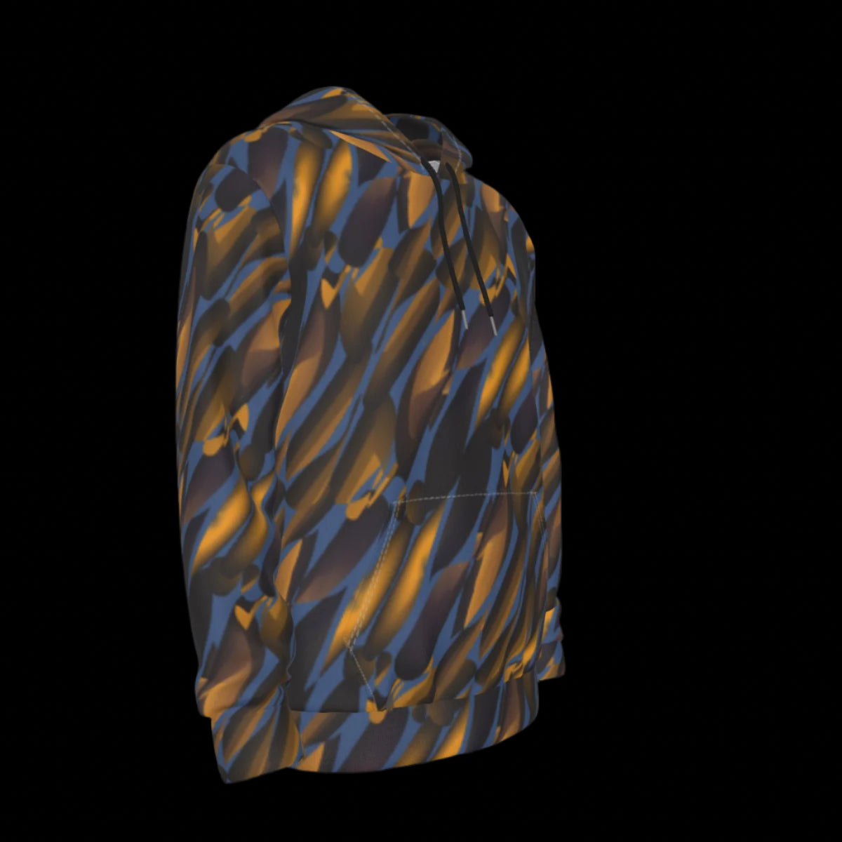 Right side of hoodie with blue and orange abstract pattern on a black background