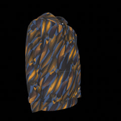 Right side of hoodie with blue and orange abstract pattern on a black background