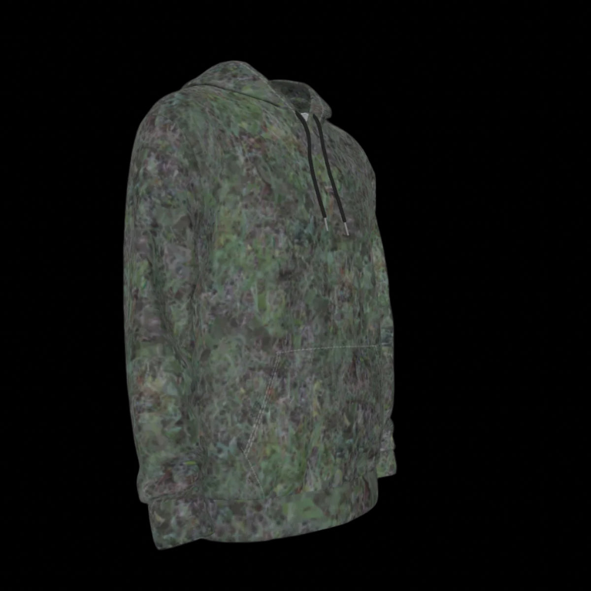 Right side of camouflage hoodie on a black background