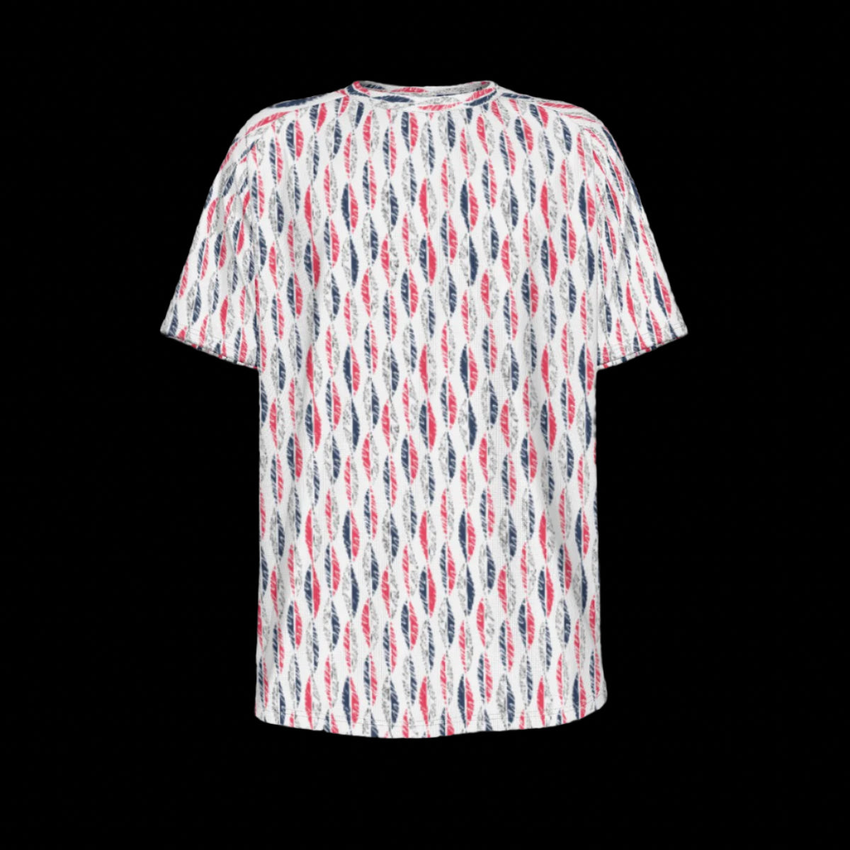Front of short-sleeve shirt with a colorful pattern on a black background