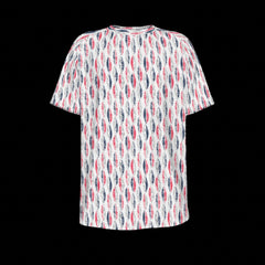 Front of short-sleeve shirt with a colorful pattern on a black background