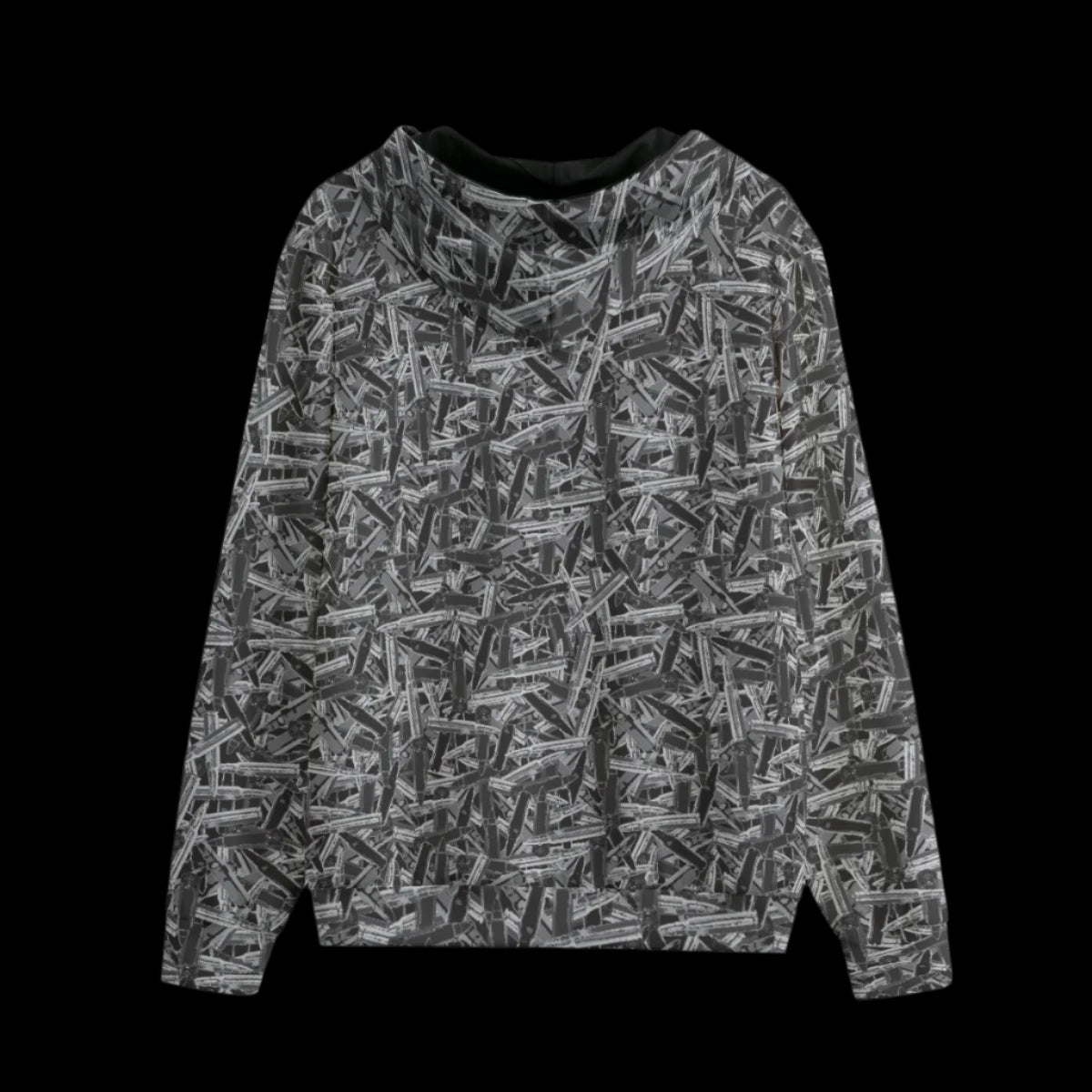 Back of a hoodie with a geometric pattern on a black background