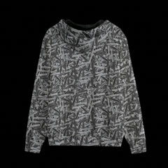 Back of a hoodie with a geometric pattern on a black background