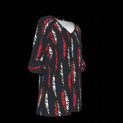 Right side of black blous with red and white pattern on a black background