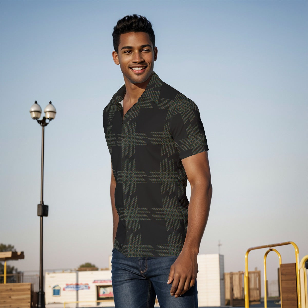 Men's Button Down Short Sleeve Shirt / Color Weave Design