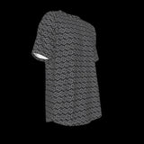Right side of gray t-shirt with a geometric pattern on a black background