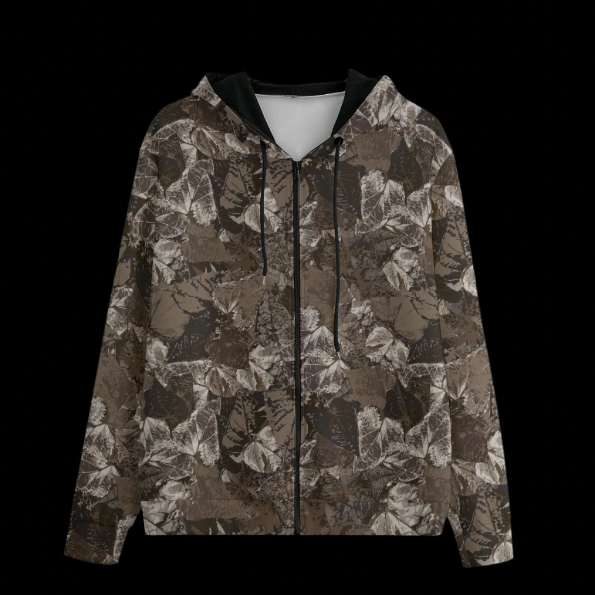 Front of camouflage-patterned hoodie on a black background