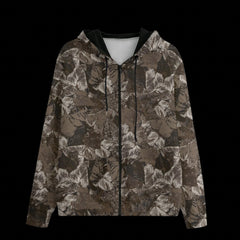 Front of camouflage-patterned hoodie on a black background