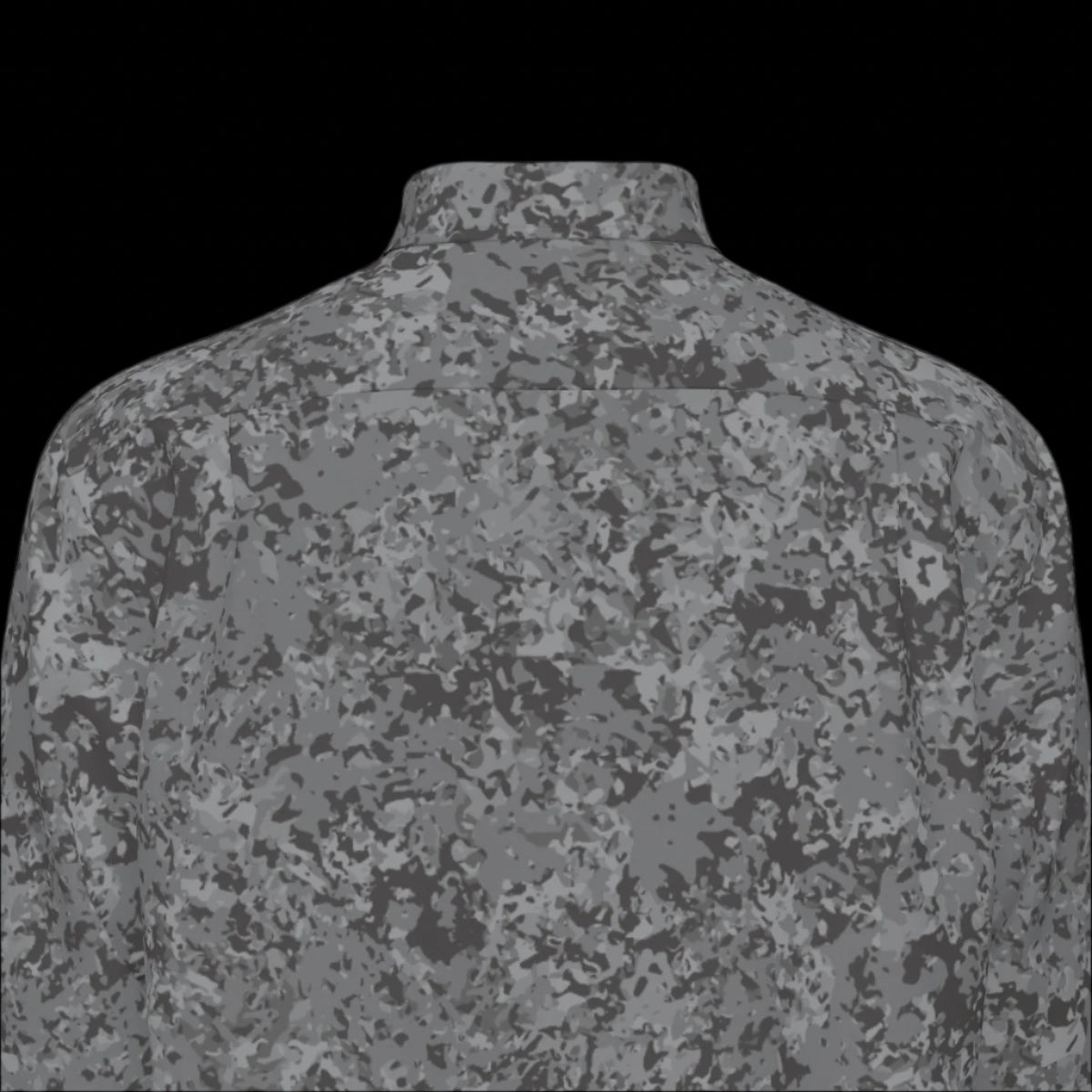 Top back of a gray patterned long sleeve shirt on a black background