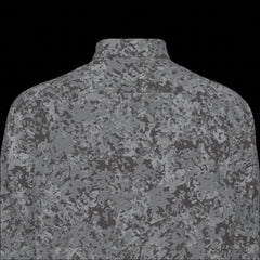 Top back of a gray patterned long sleeve shirt on a black background