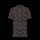Front of black patterned button-down shirt on a black background