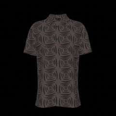 Front of black patterned button-down shirt on a black background