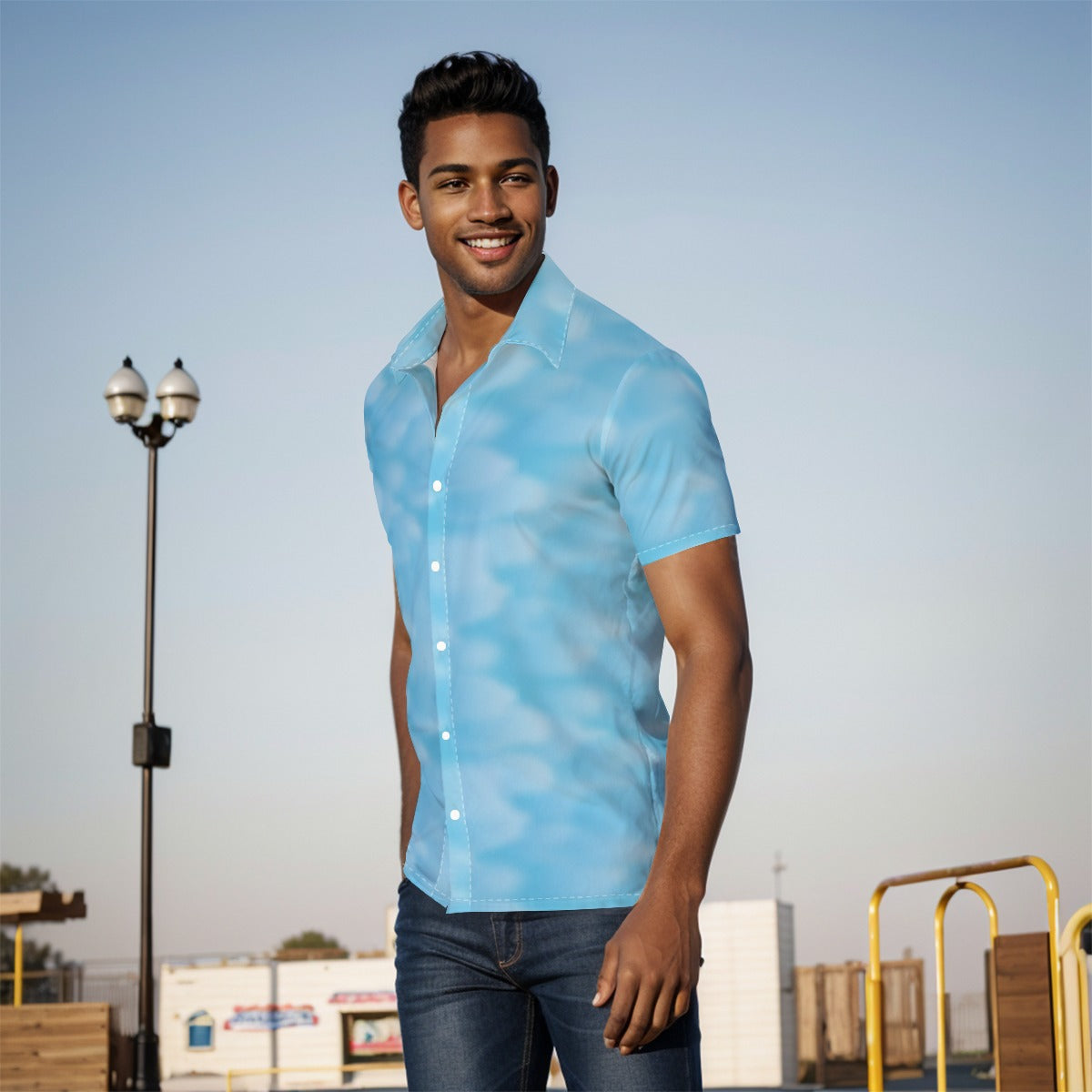 Men's Button Down Short Sleeve Shirt / Clouds Design