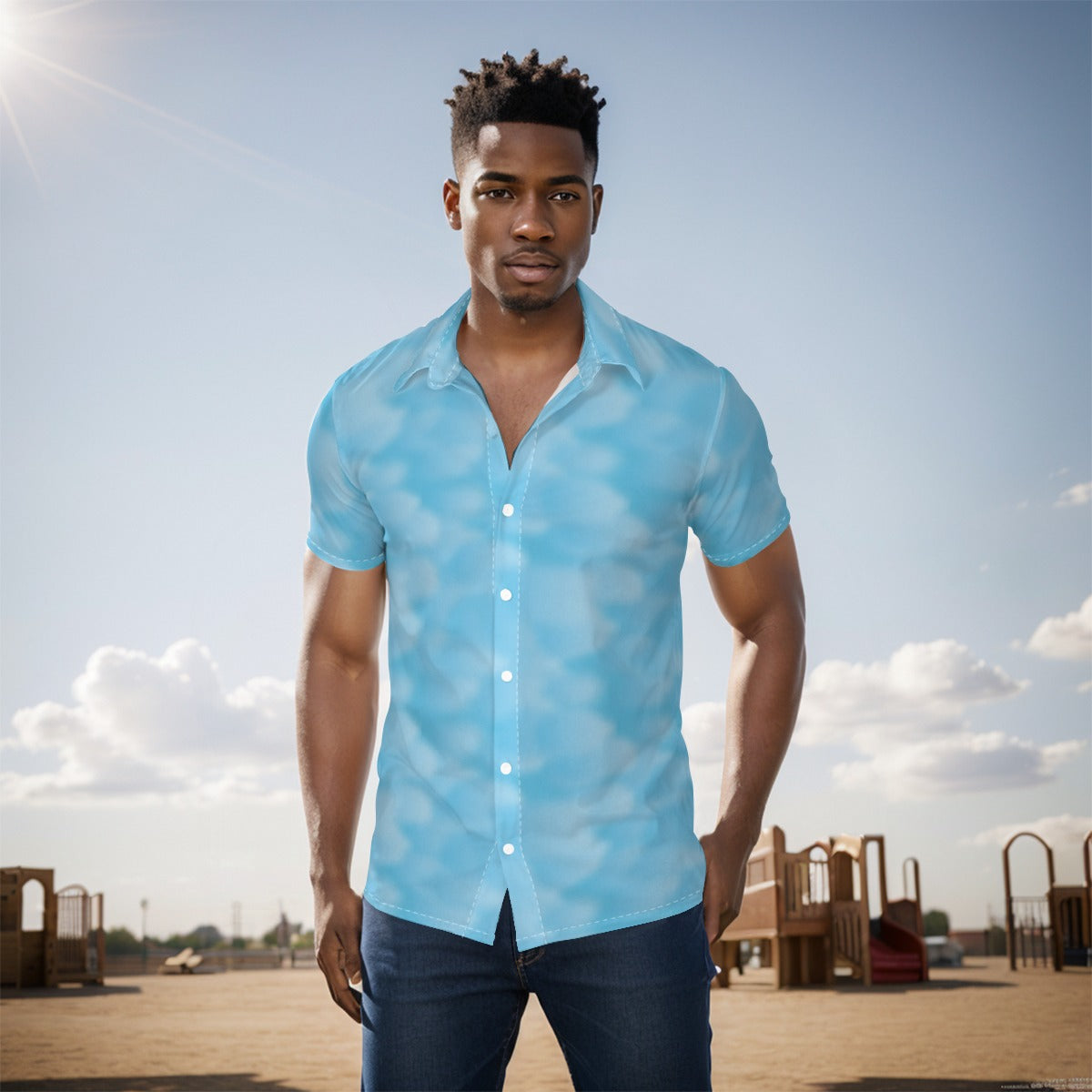 Men's Button Down Short Sleeve Shirt / Clouds Design