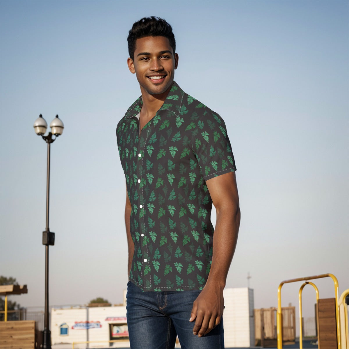 Men's Button Down Short Sleeve Shirt / Camo Fern Design