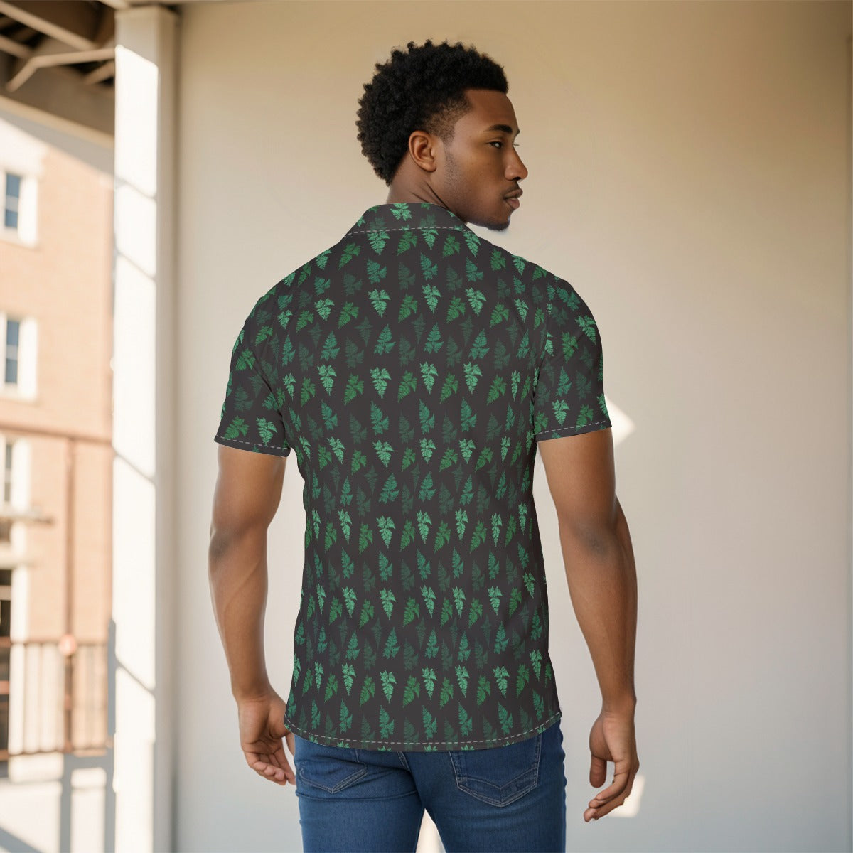 Men's Button Down Short Sleeve Shirt / Camo Fern Design
