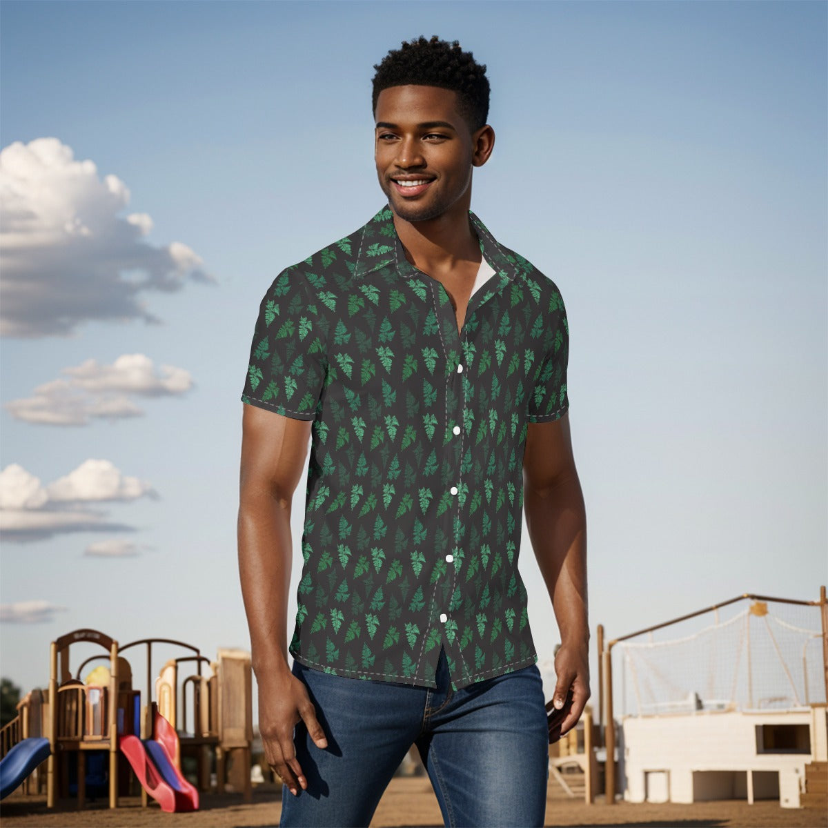 Men's Button Down Short Sleeve Shirt / Camo Fern Design