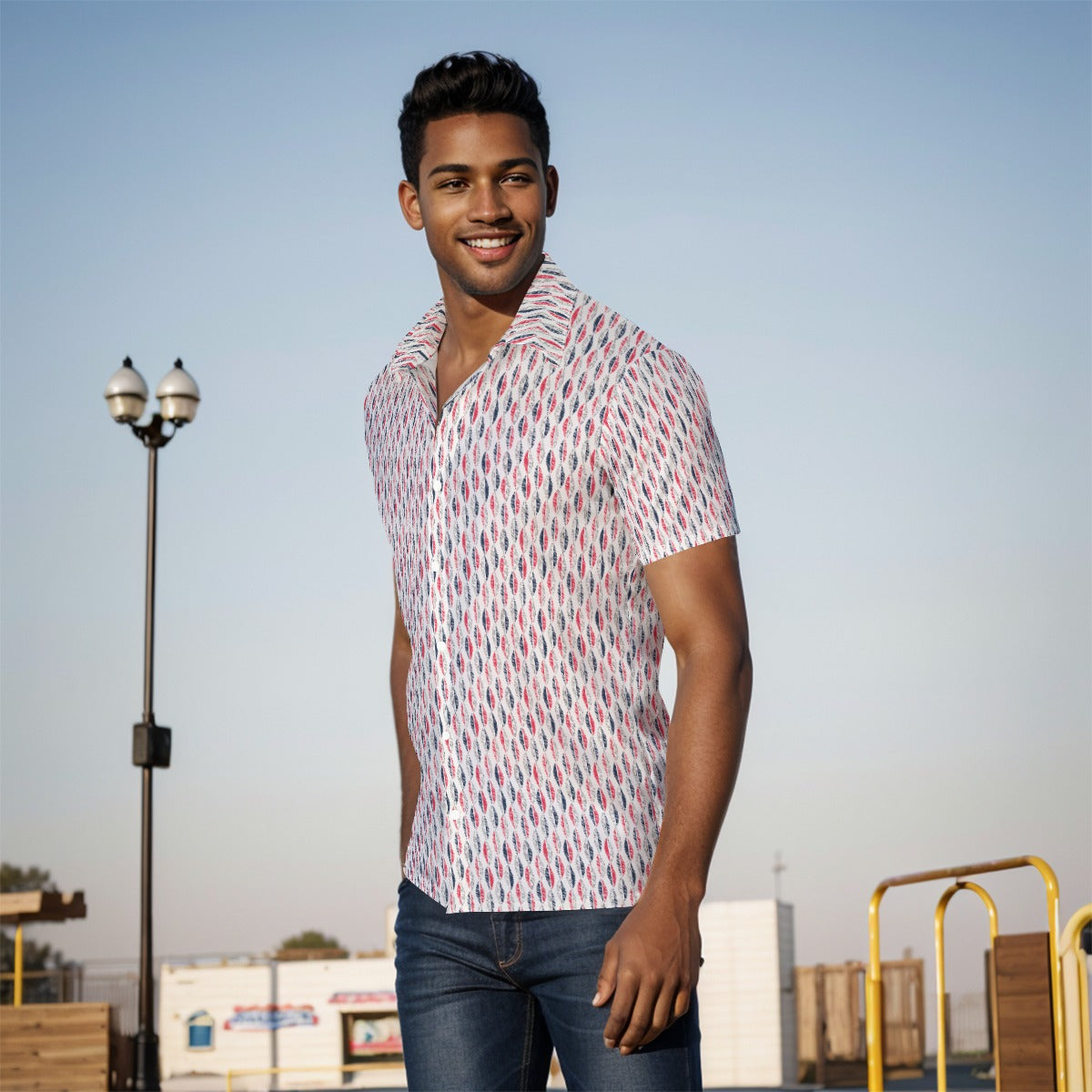 Men's Button Down Short Sleeve Shirt / Patriotic Inline on White Design