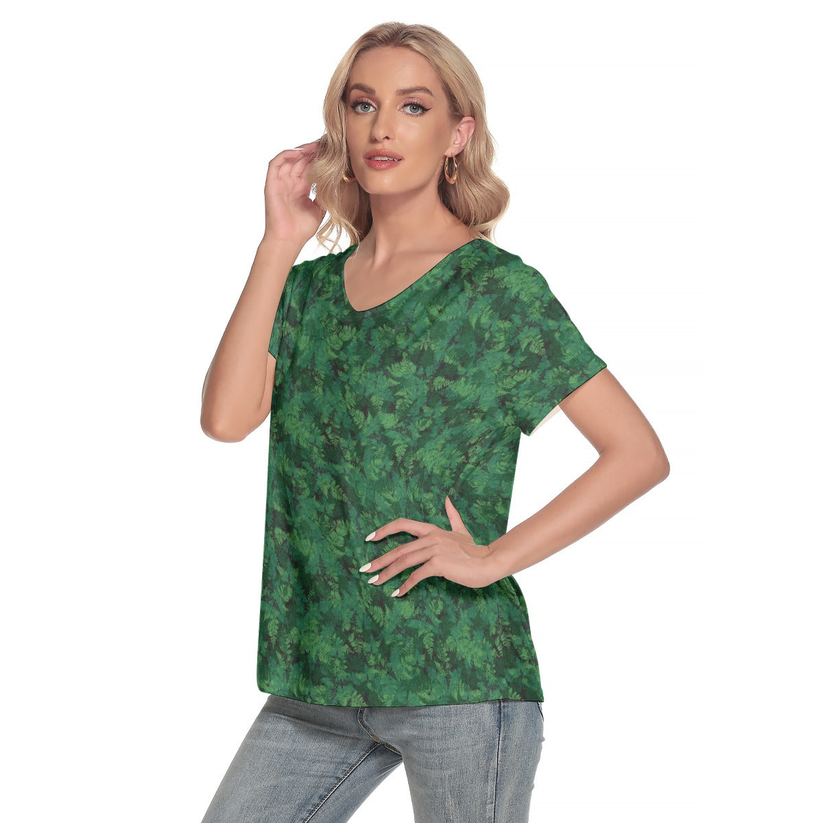 Women's V-Neck Short Sleeve T-shirt / Green Fern