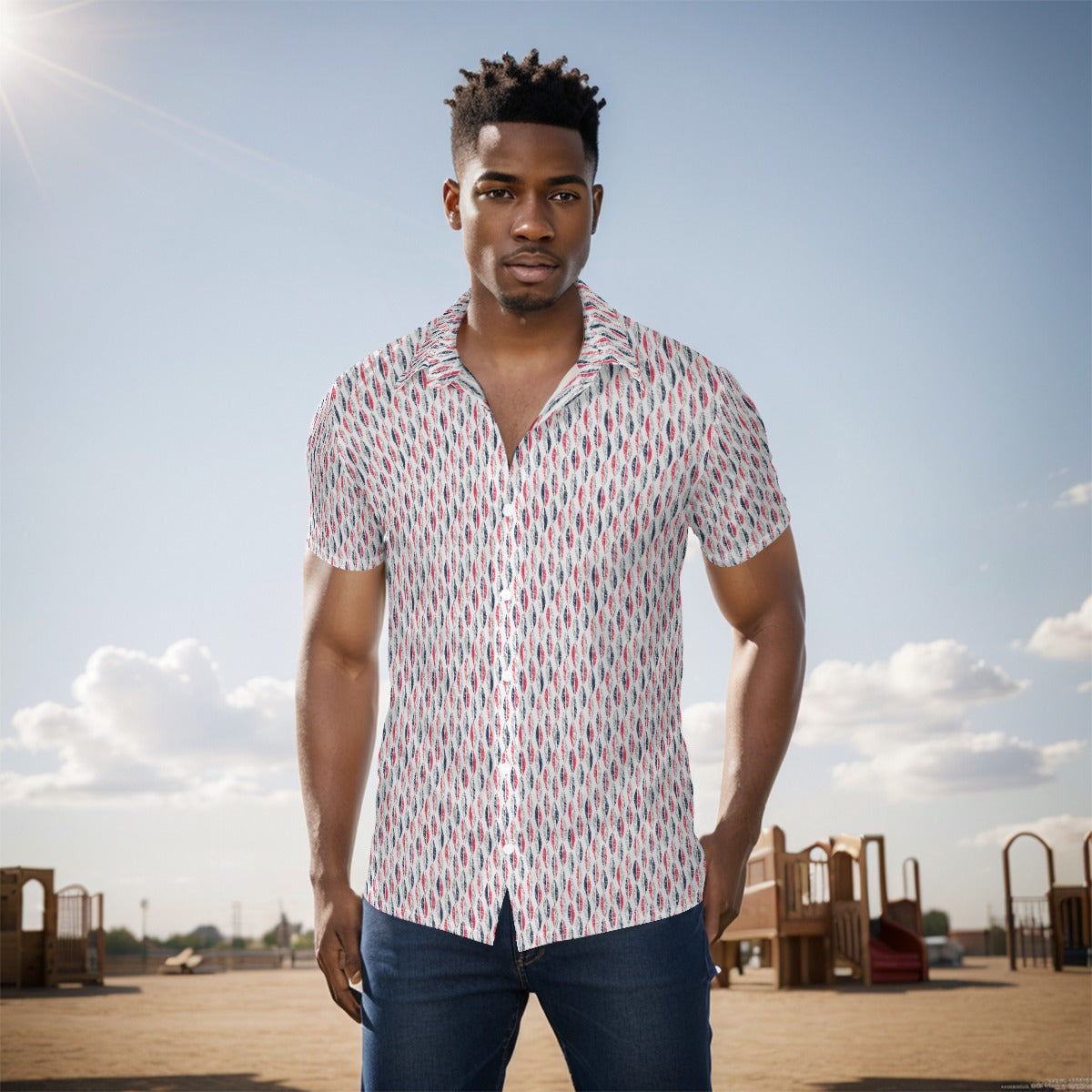 Men's Button Down Short Sleeve Shirt / Patriotic Inline on White Design