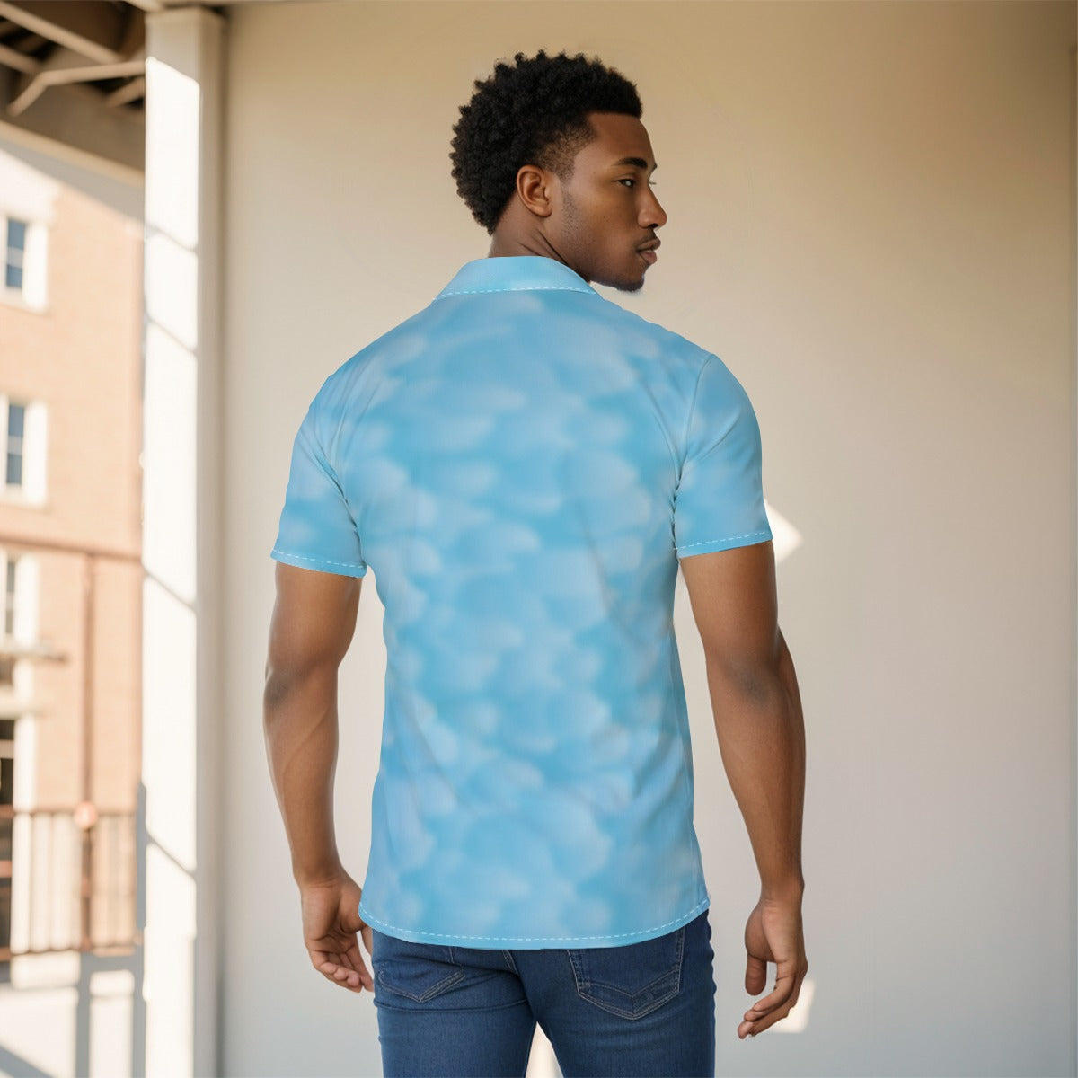 Men's Button Down Short Sleeve Shirt / Clouds Design