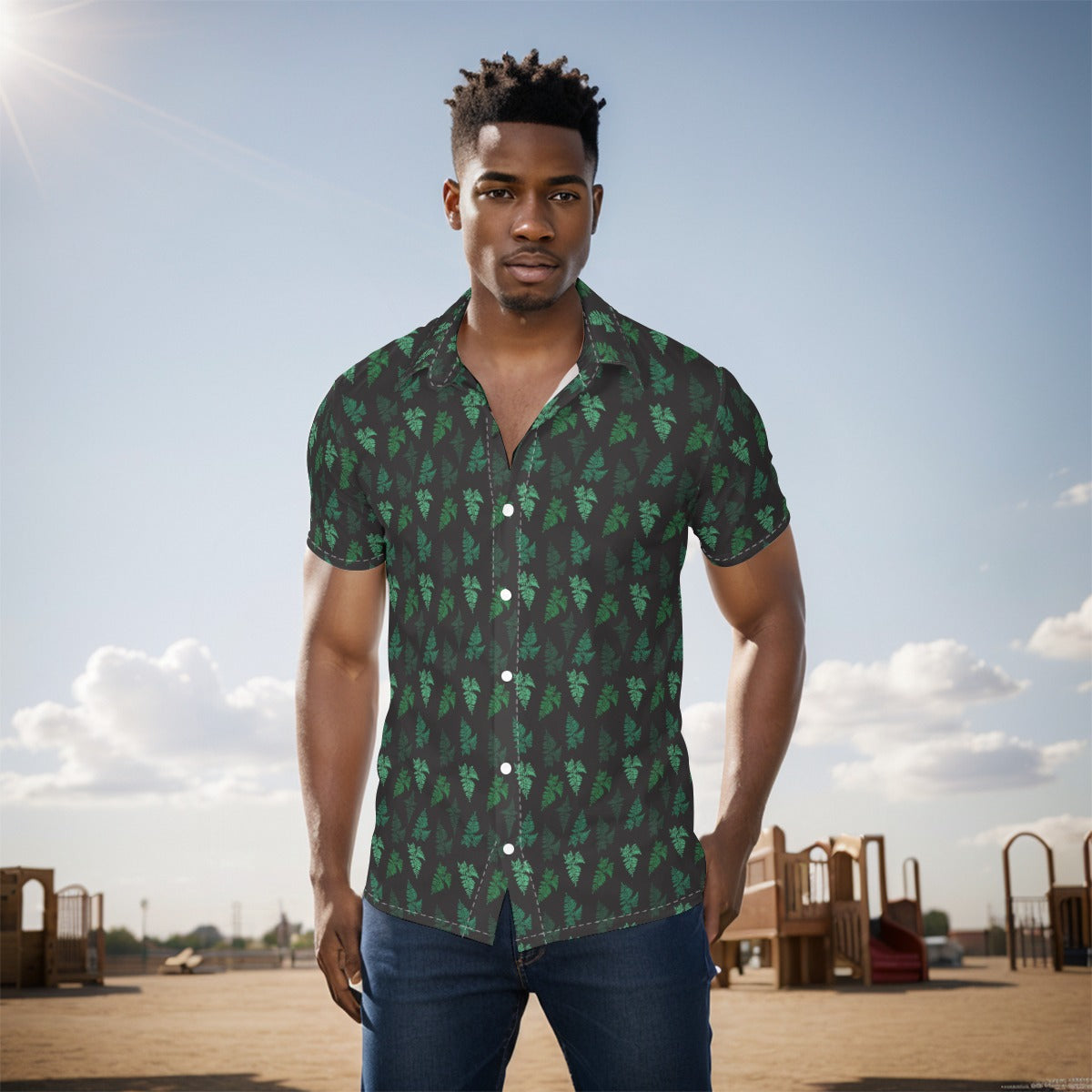 Men's Button Down Short Sleeve Shirt / Camo Fern Design