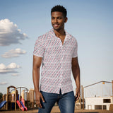 Men's Button Down Short Sleeve Shirt / Patriotic Inline on White Design